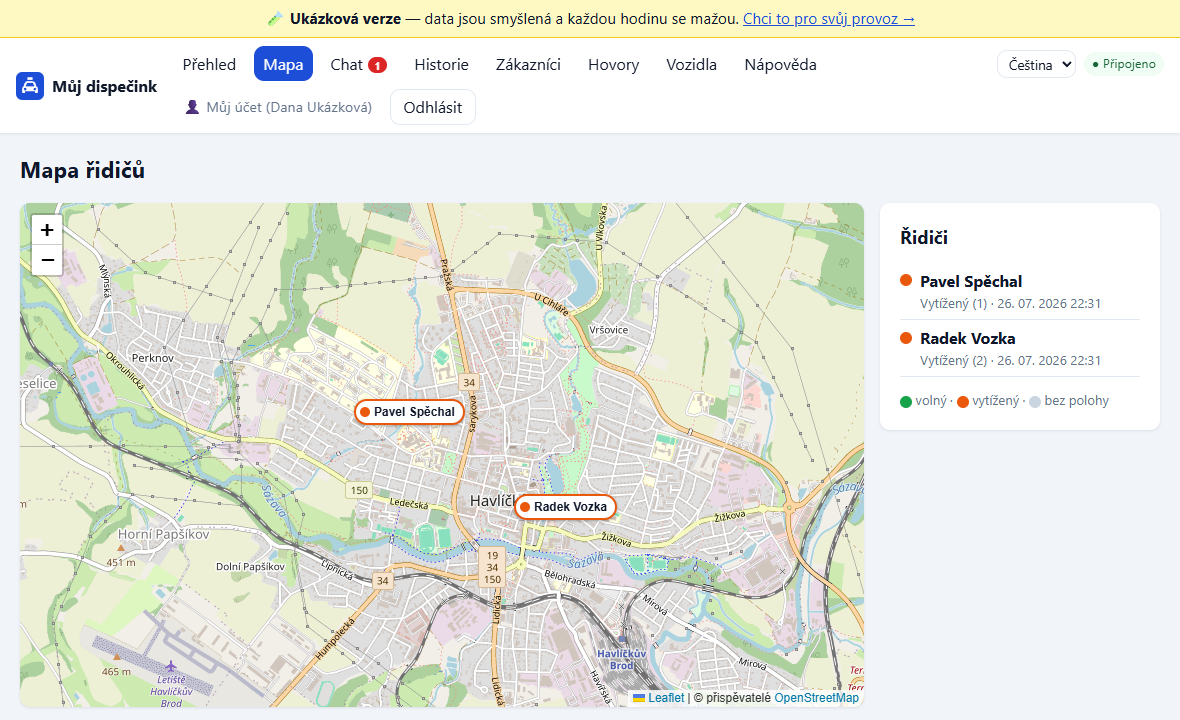 Živá mapa s polohou vozů
