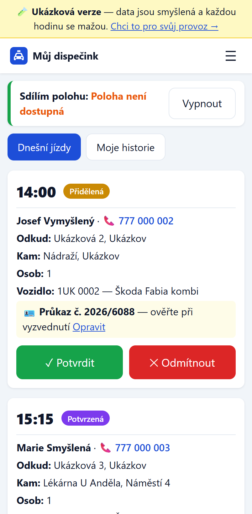 Dnešní jízdy v telefonu řidiče