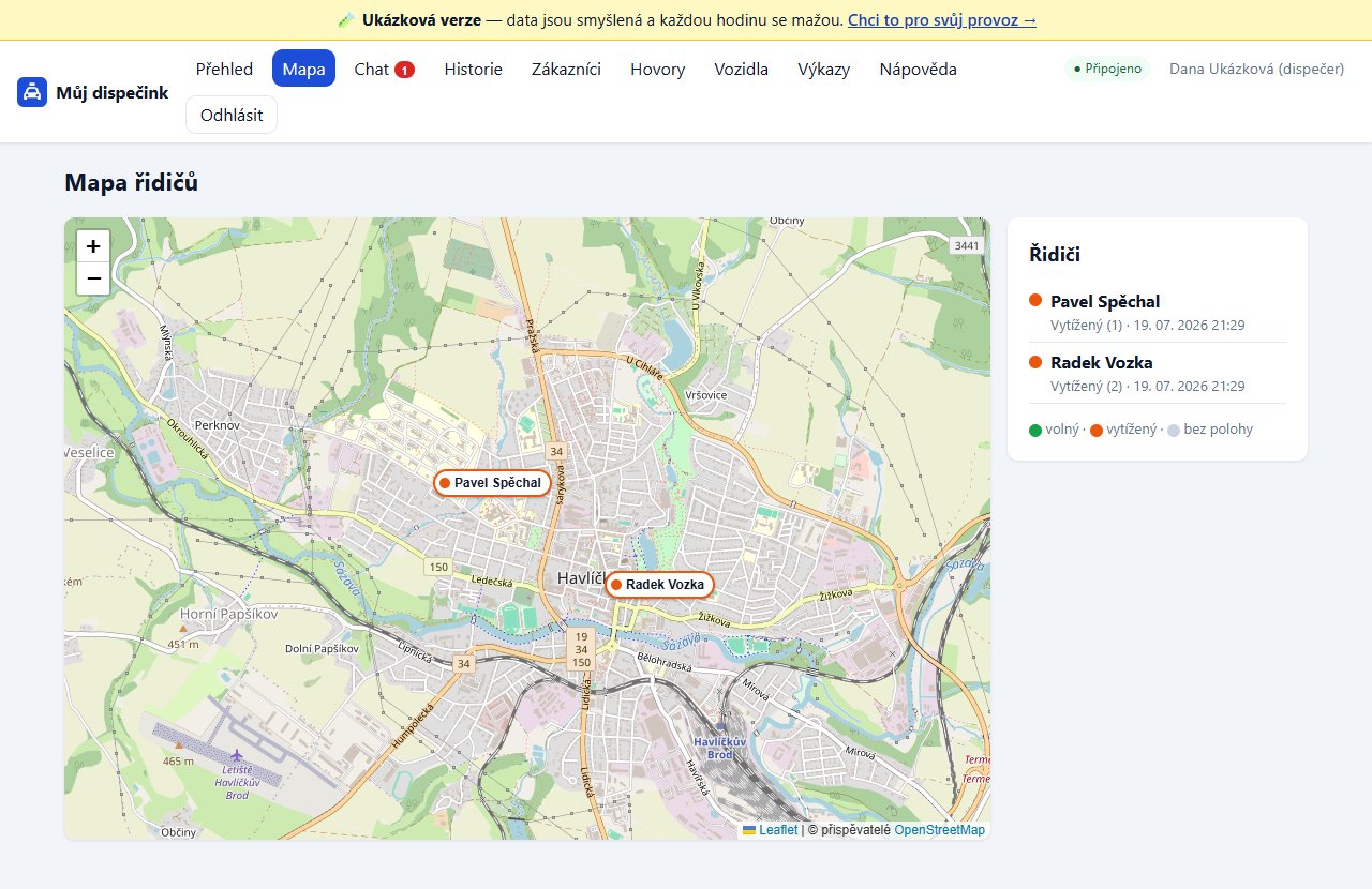 Živá mapa s polohou vozů